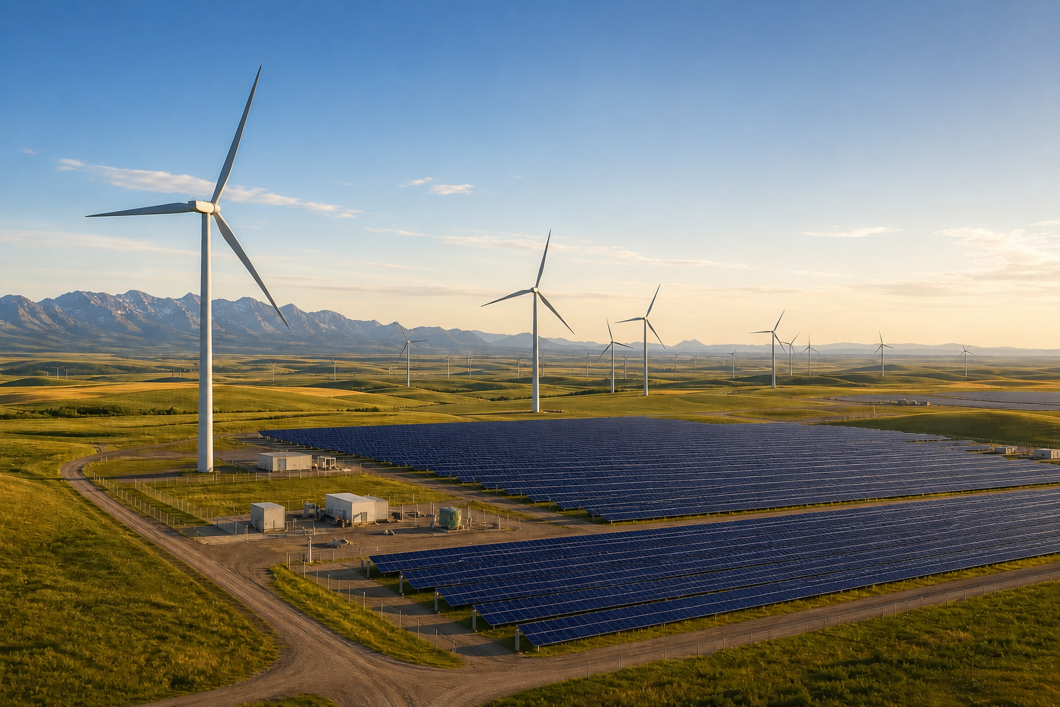 Wind turbines and solar panels on rolling prairie grassland with mountains in the distance at sunset